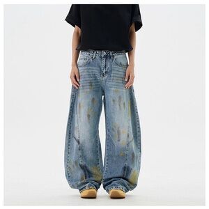 Men's WideLeg Paint Splatter Jeans Baggy Fit Denim Trousers 33‎